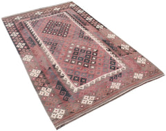 Handmade Afghan Maimana kilim rug featuring a geometric pattern in shades of red and grey.