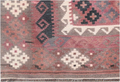 Handmade Afghan Maimana kilim rug featuring geometric patterns in shades of red, brown, and cream.
