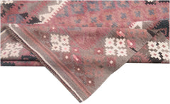 Handmade Afghan Maimana kilim rug featuring geometric patterns in shades of red, grey, and white.