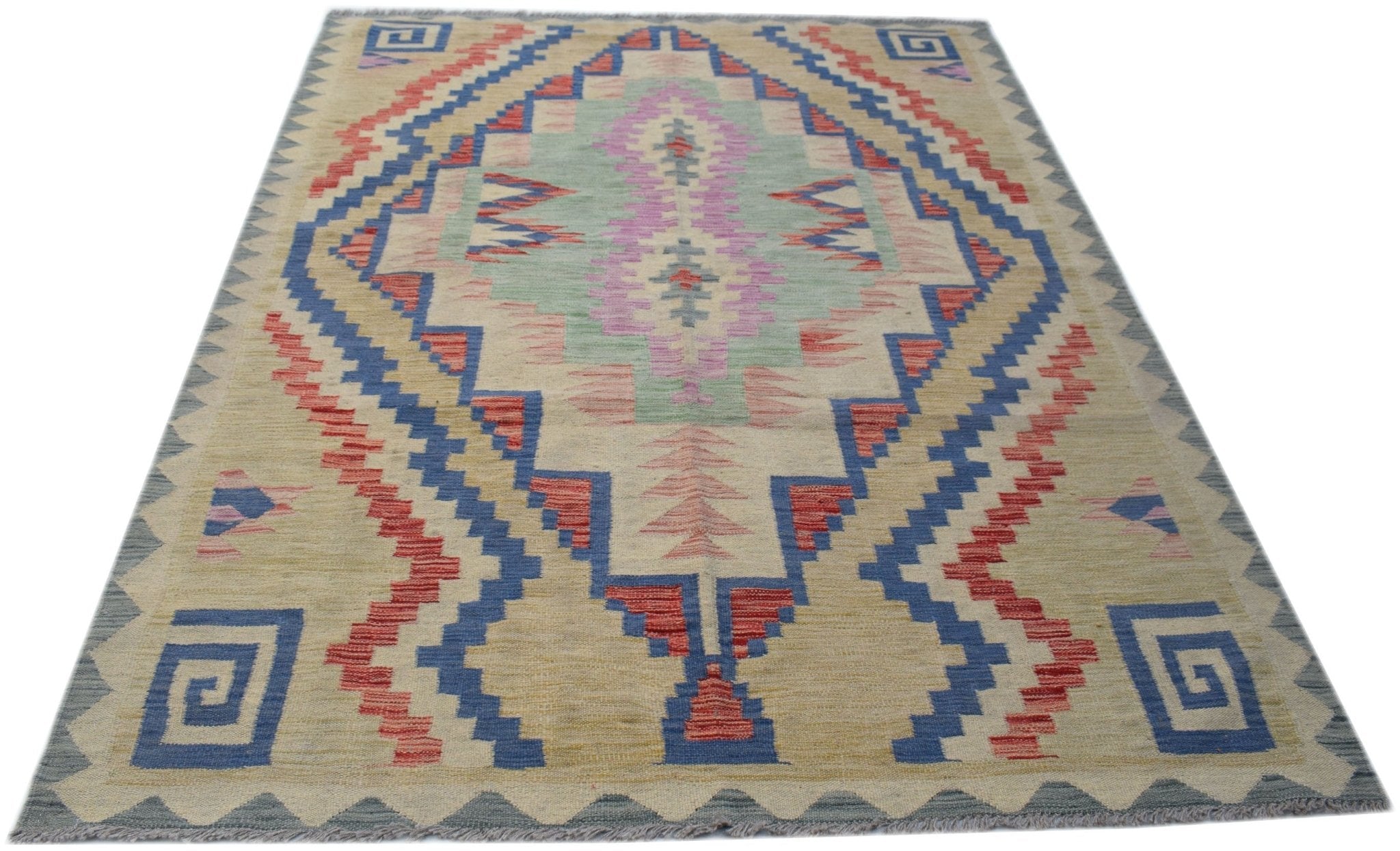 Handwoven Afghan Maimana kilim rug featuring a geometric diamond pattern in blue, red, and green.