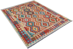 A rectangular Afghan Maimana kilim rug featuring a colorful geometric diamond pattern.