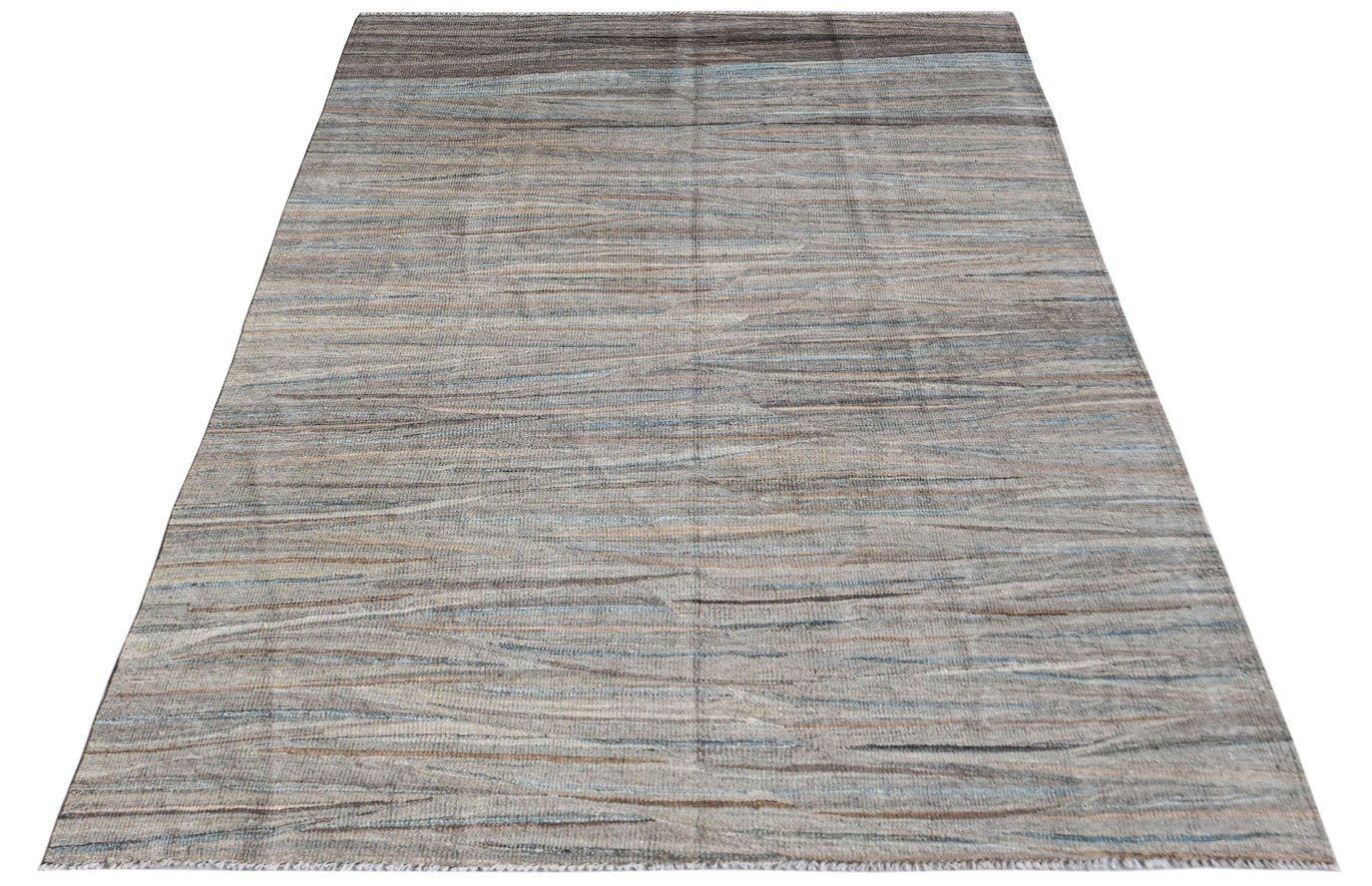 A rectangular Afghan Maimana kilim rug featuring a textured, multi-toned grey striped pattern.