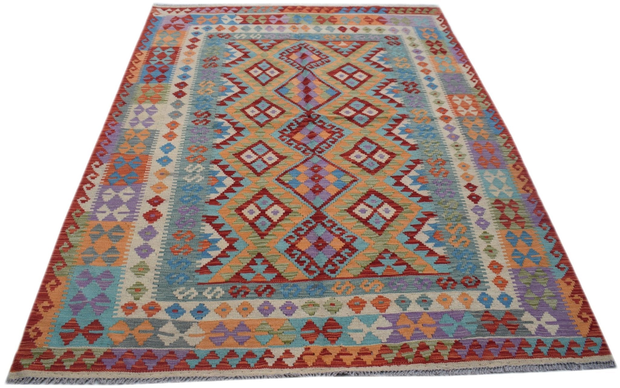 Handwoven Afghan Maimana kilim rug featuring a colorful geometric diamond pattern.