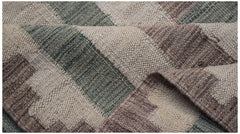 Afghan Maimana Kilim with diagonal stripes in beige, green, and brown.