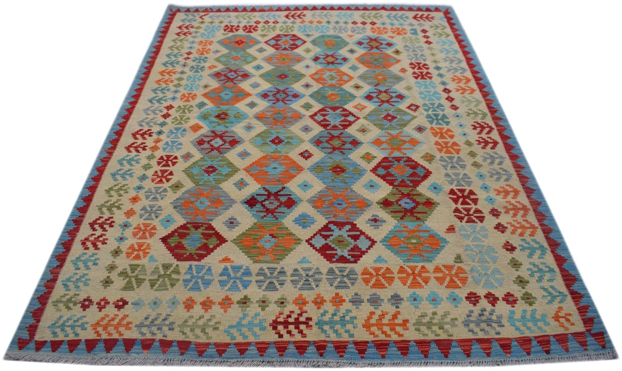 A handmade Afghan Maimana kilim rug featuring a colorful geometric diamond pattern on a beige base.