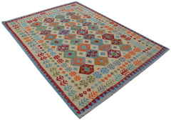 Handmade Afghan Maimana kilim rug featuring a colorful geometric diamond pattern on a cream base.