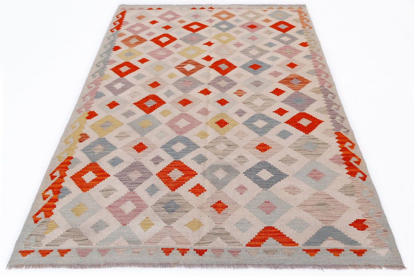 Handwoven Afghan Maimana kilim rug featuring a geometric diamond pattern in vibrant colors.