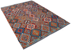 Handwoven Afghan Maimana kilim rug featuring a vibrant geometric pattern in wool.
