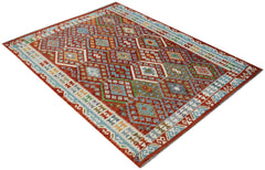 Handwoven Afghan Maimana kilim rug featuring a geometric pattern in vibrant red and blue tones.