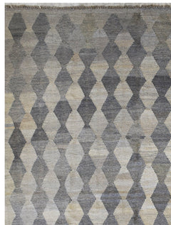 Handmade Afghan Maimana kilim rug featuring a repeating geometric diamond pattern in grey tones.