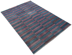 Handwoven Afghan Maimana kilim rug featuring a striped pattern in shades of blue and purple.