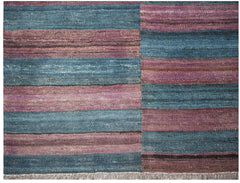 Handwoven Afghan Maimana wool kilim featuring a striped pattern in shades of blue and purple.
