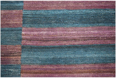 Handwoven Afghan Maimana kilim featuring a flatweave texture with horizontal blue and purple stripes.