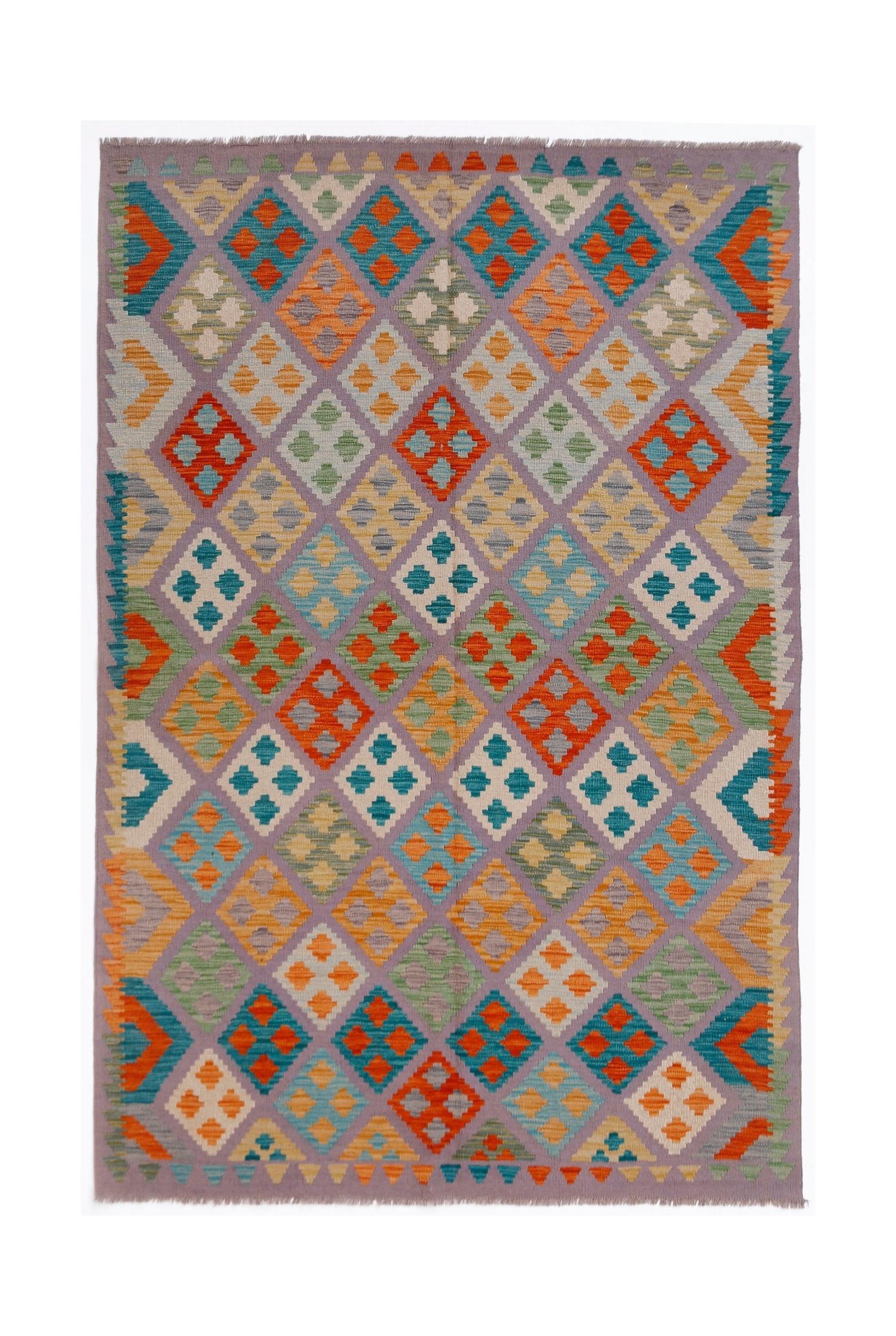 Handwoven Afghan Maimana kilim rug featuring a colorful geometric diamond pattern on a purple base.