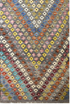 Handmade Afghan Maimana Kilim rug featuring a colorful geometric diamond pattern on a grey field.