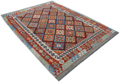 Handwoven Afghan Maimana kilim rug featuring a colorful geometric diamond pattern.