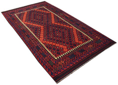Handwoven Afghan Maimana kilim featuring a geometric diamond pattern in red, blue, and orange.