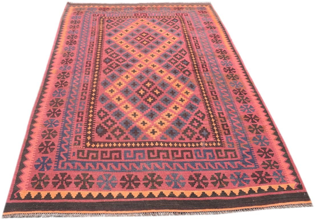 Handmade Afghan Maimana kilim rug featuring a geometric diamond pattern in red, orange, and blue.