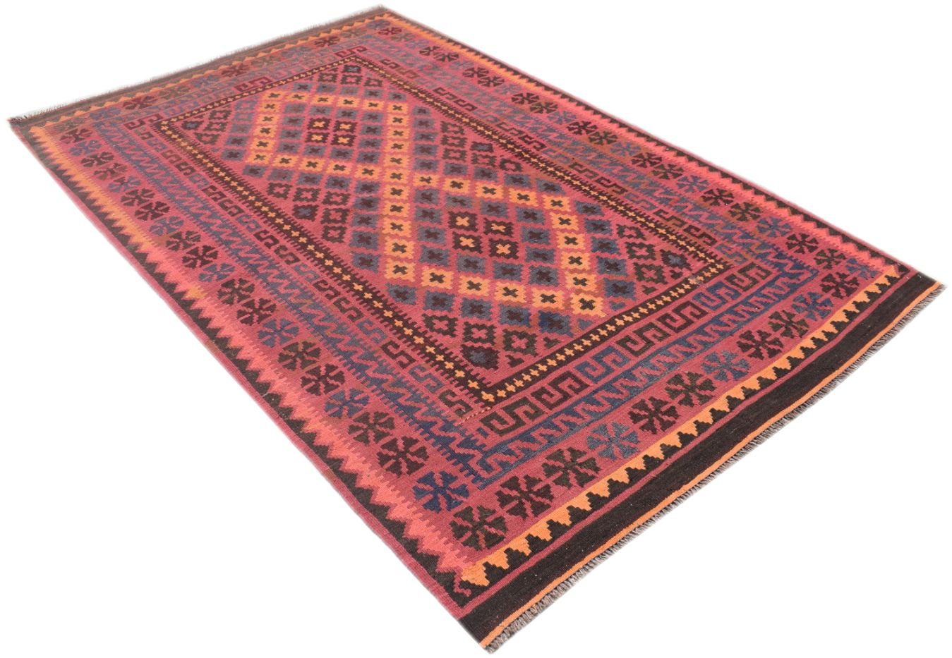 Handmade Afghan Maimana kilim rug featuring a geometric pattern in shades of red, blue, and orange.