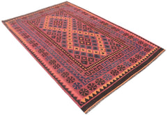 Handmade Afghan Maimana kilim rug featuring a geometric pattern in shades of red, blue, and orange.