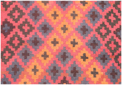 Handmade Afghan Maimana kilim rug featuring a repeating geometric pattern in red, orange, and grey.