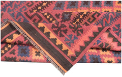 A handmade Afghan Maimana kilim rug featuring geometric patterns in red, orange, and blue wool.
