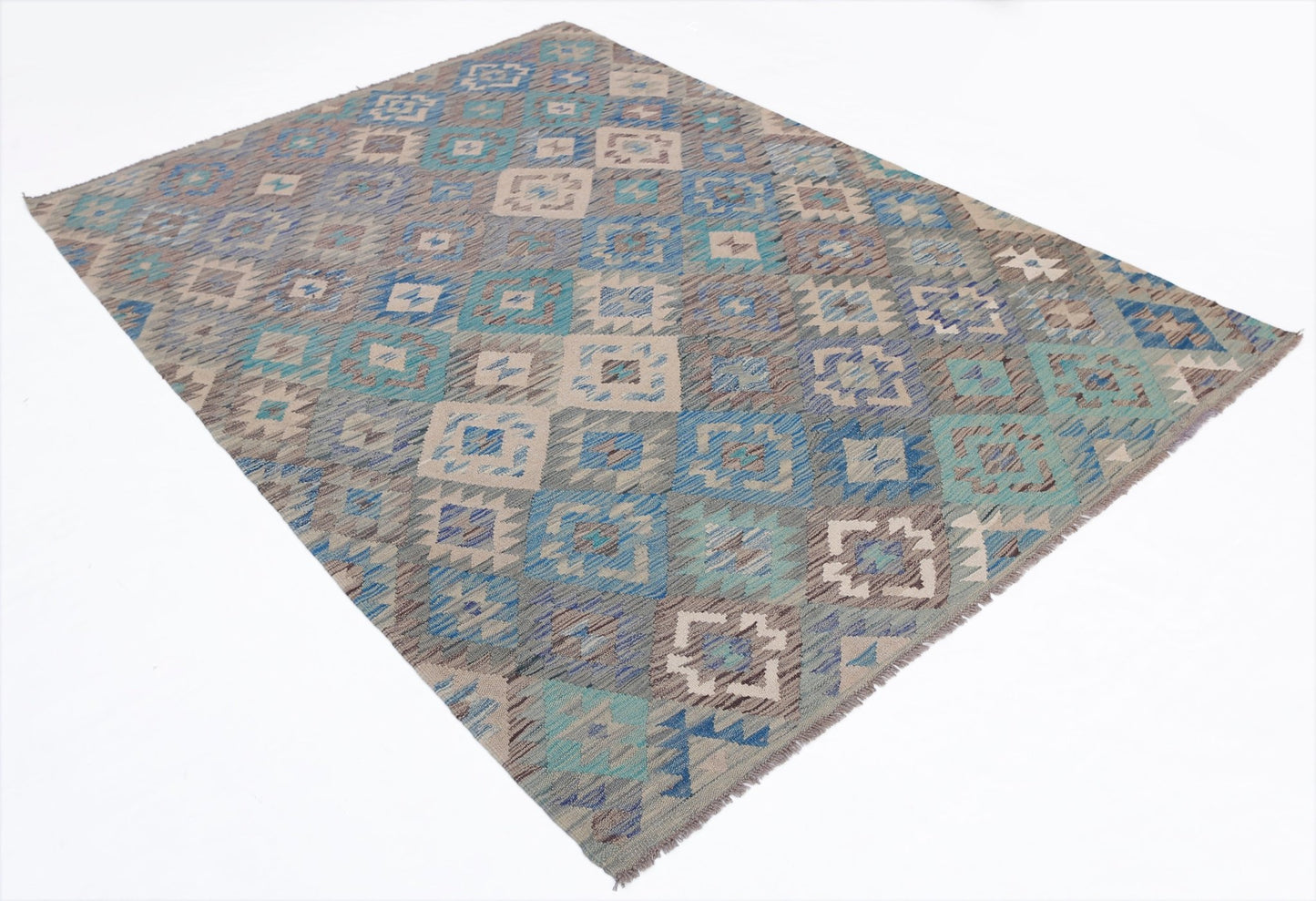 Handwoven Afghan Maimana kilim rug featuring a geometric pattern in shades of blue and beige.