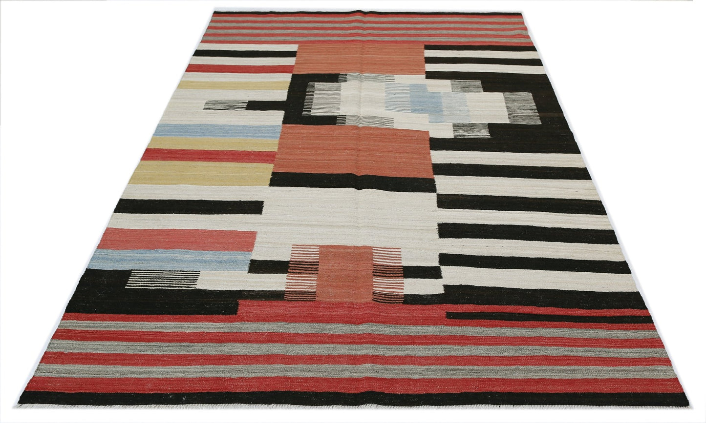 Handwoven Afghan Maimana kilim rug featuring a geometric pattern in red, black, and neutral tones.
