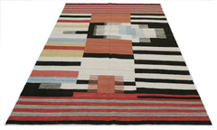 Handwoven Afghan Maimana kilim rug featuring a geometric pattern in red, black, and neutral tones.