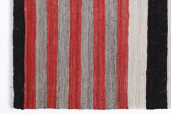 Handwoven Afghan Maimana kilim featuring vertical stripes in red, grey, white, and black.
