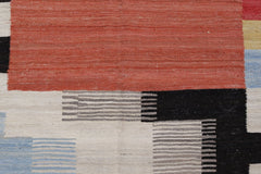 Afghan Maimana Kilim with geometric patterns in red, black, white, and blue.