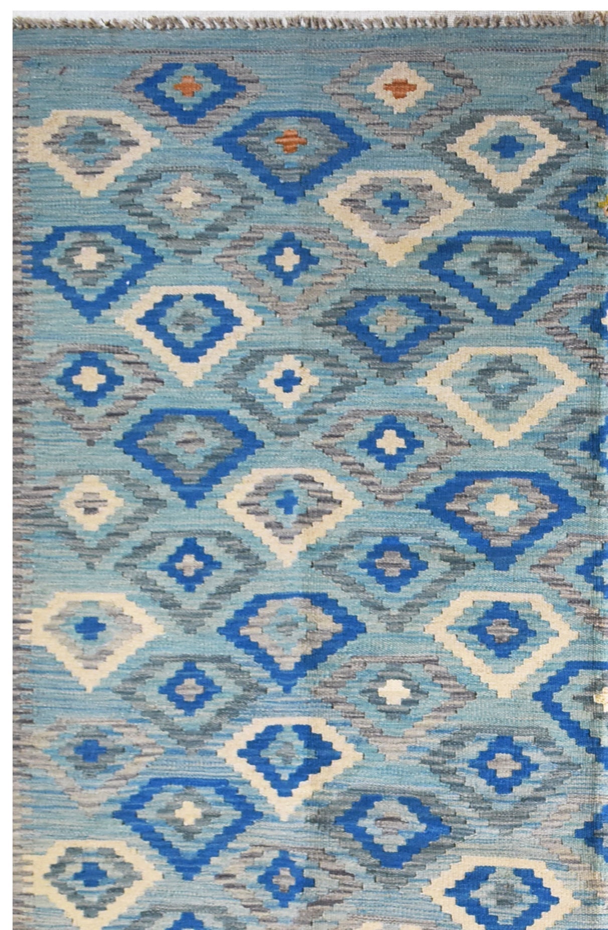 Handmade Afghan Maimana kilim rug featuring a geometric diamond pattern in shades of blue and grey.
