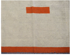 Handwoven Afghan Maimana kilim with a cream field, orange border, and a central orange rectangle.