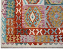 Handwoven Afghan Maimana kilim rug featuring a vibrant geometric pattern in wool.