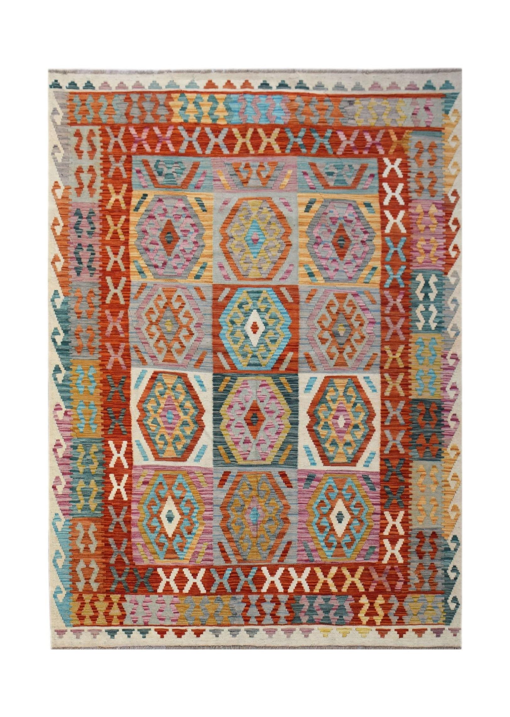 Handwoven Afghan Maimana kilim rug featuring a colorful geometric pattern in a flatweave style.