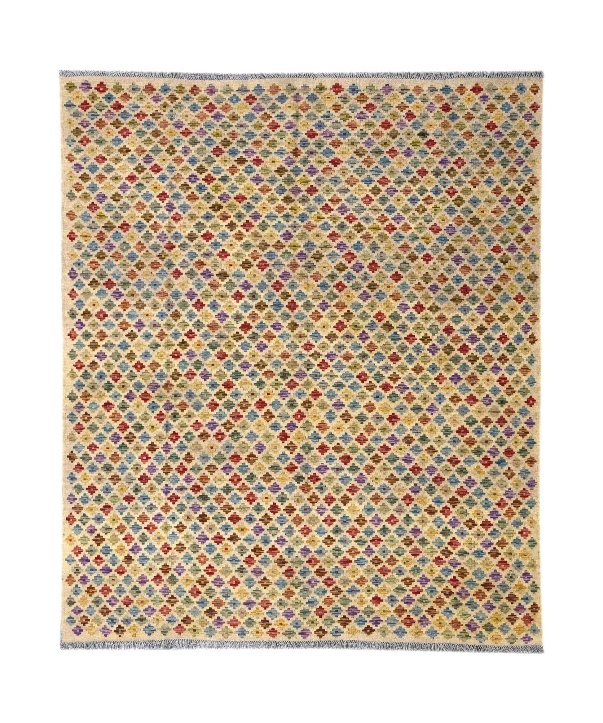Handmade Afghan Maimana kilim rug featuring a colorful geometric pattern on a beige background.