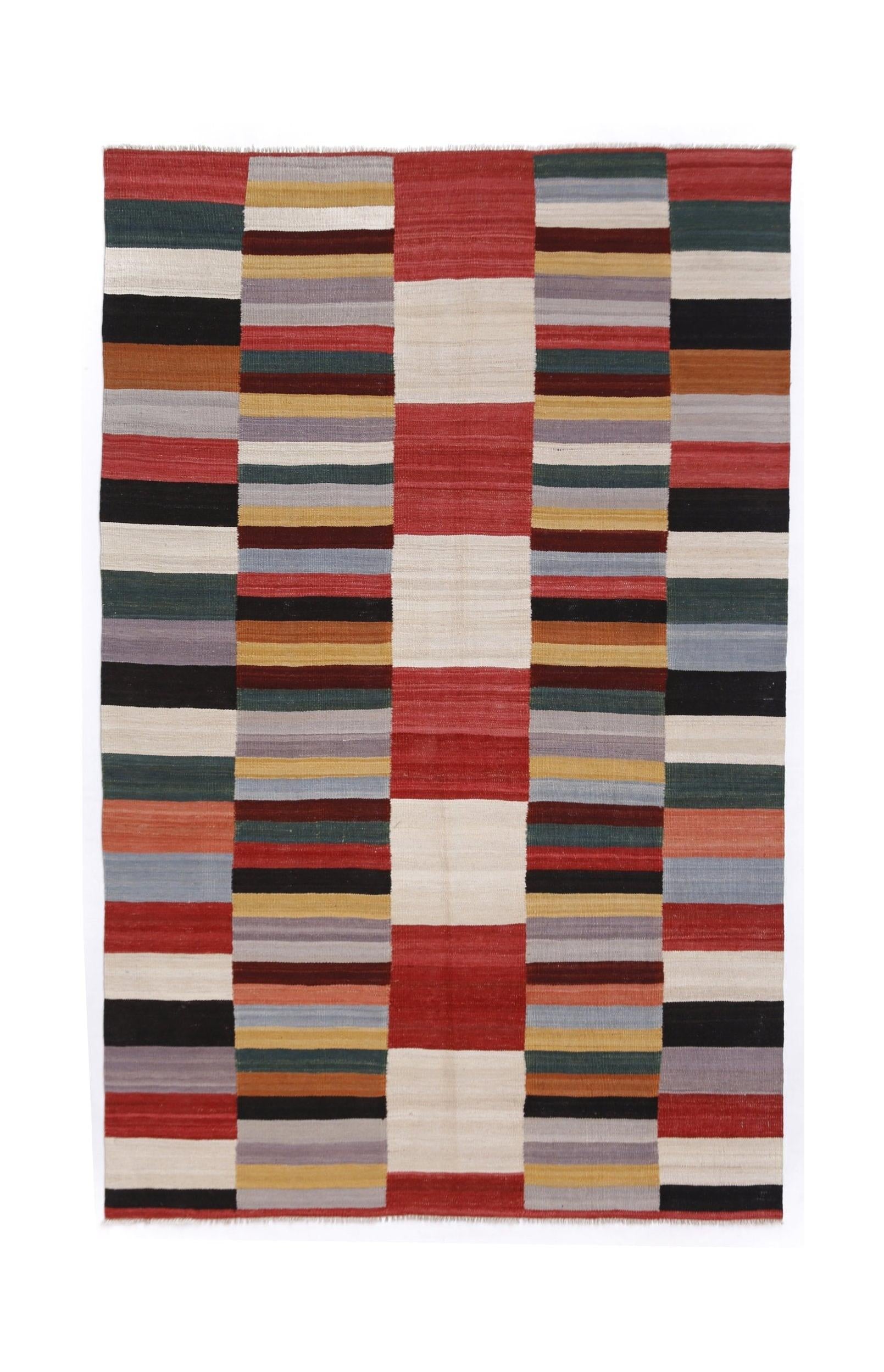 Handwoven Afghan Maimana kilim rug featuring a geometric pattern of multicolored horizontal stripes.