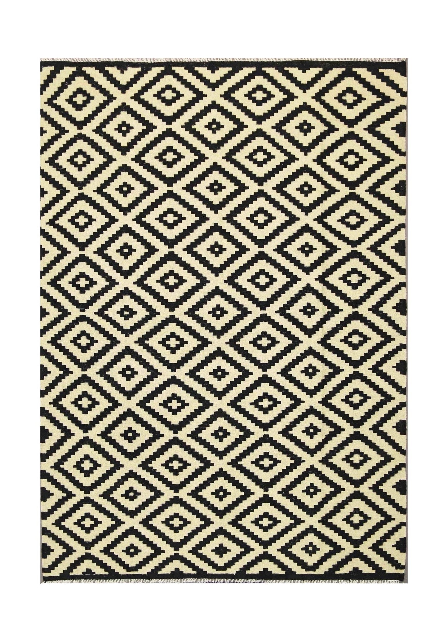 Handmade Afghan Maimana kilim rug featuring a black and cream geometric diamond pattern.