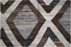 Handwoven Afghan Maimana kilim featuring a geometric diamond pattern in shades of brown and cream.