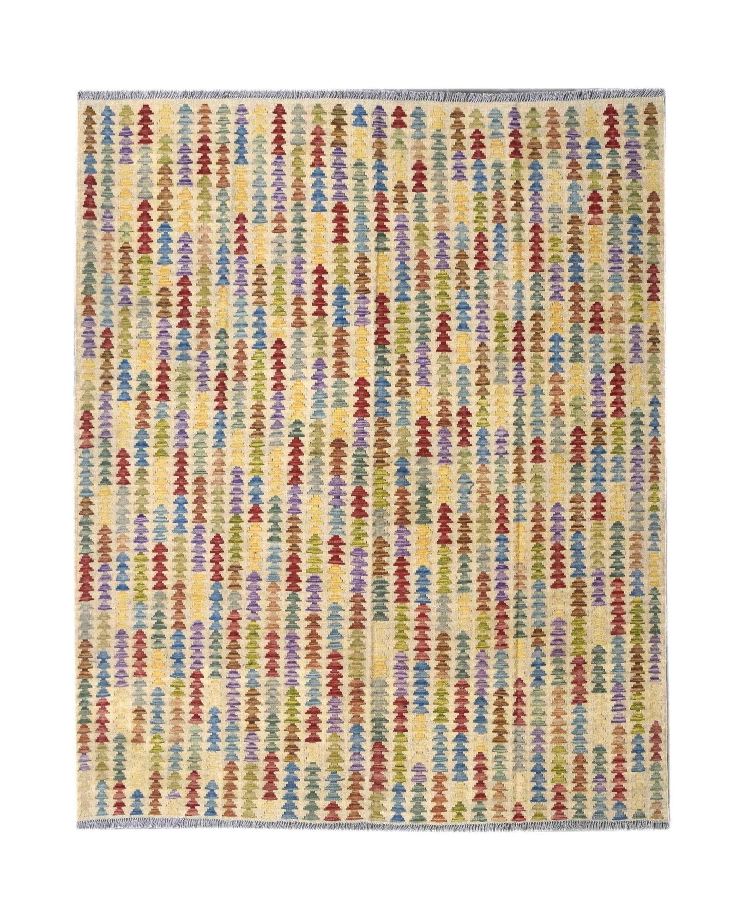 Handmade Afghan Maimana kilim rug featuring a colorful geometric pattern on a cream background.