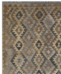 Handmade Afghan Maimana kilim rug featuring a geometric diamond pattern in earthy brown tones.