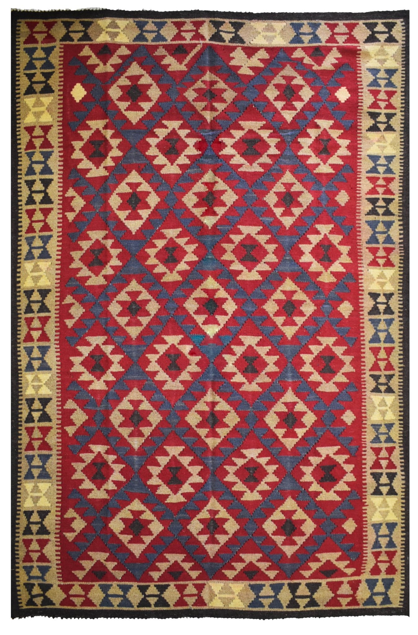 Handmade Afghan Maimana kilim rug featuring a repeating geometric diamond pattern in red and blue.