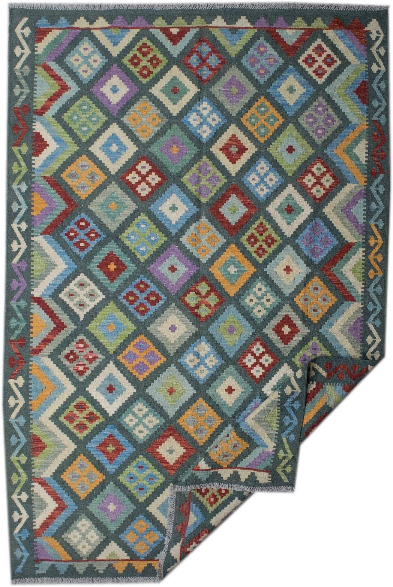 Handmade Afghan Maimana kilim rug featuring a colorful geometric diamond pattern on a dark base.