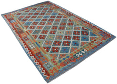 A rectangular handmade Afghan Maimana kilim rug featuring a colorful diamond pattern.