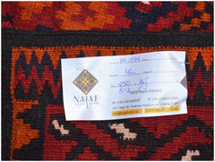 A handwoven Afghan Maimana Kilim featuring a geometric pattern in shades of red and black.