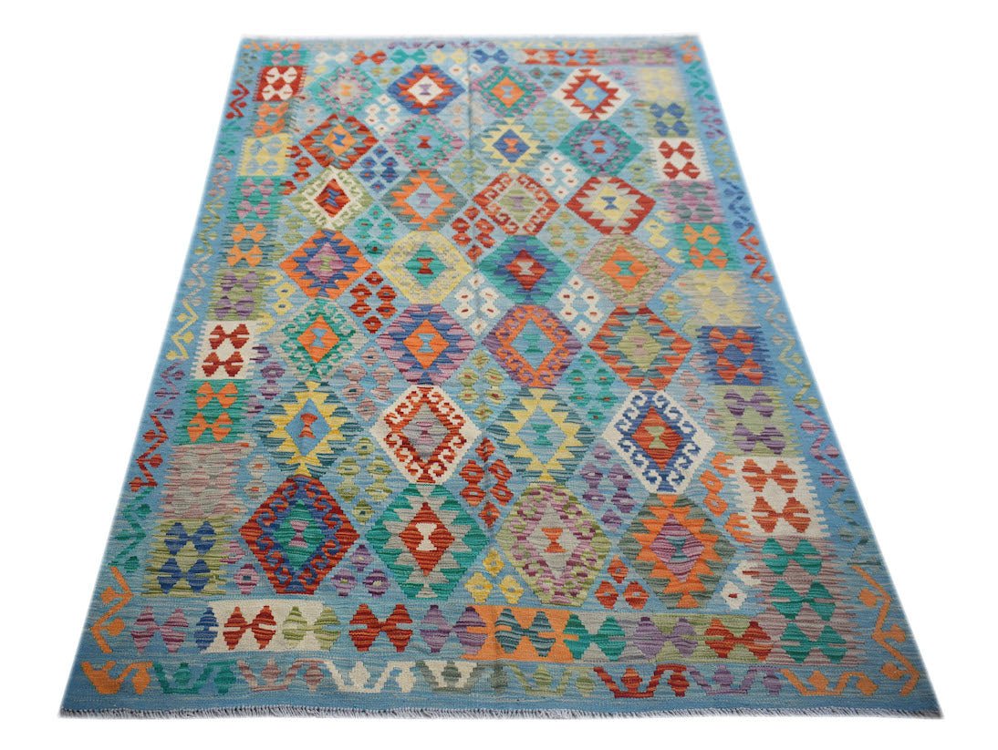 Handwoven Afghan Maimana kilim rug featuring a vibrant, multicolored geometric diamond pattern.