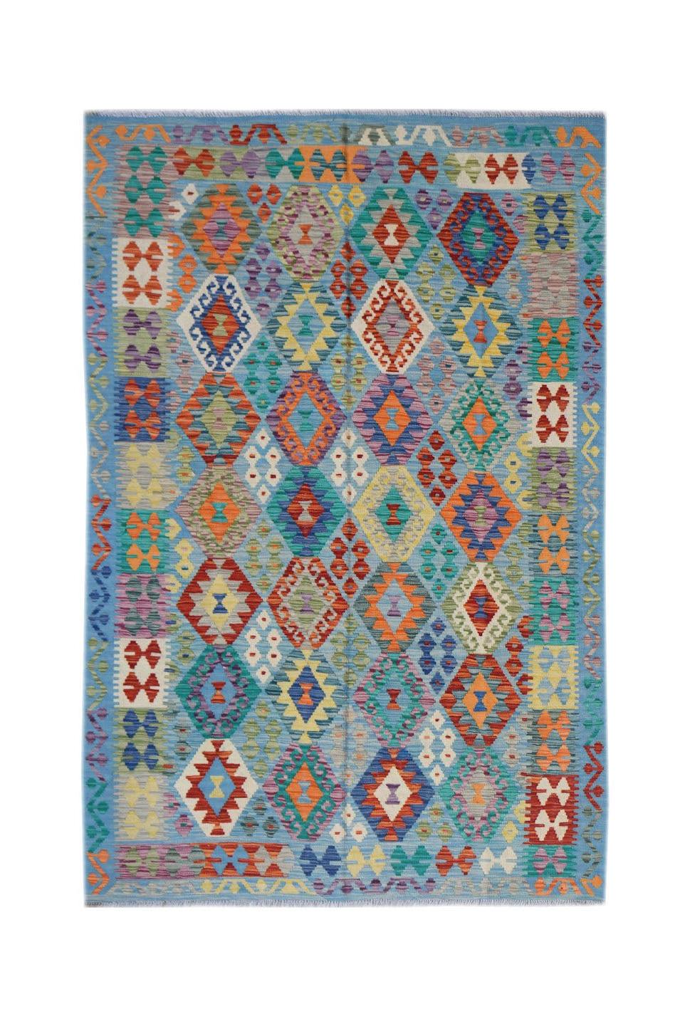 Handwoven Afghan Maimana kilim rug featuring a vibrant geometric diamond pattern on a blue field.