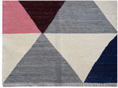 Afghan Maimana Kilim with geometric triangles in pink, burgundy, grey, cream, and navy.