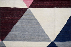 Handwoven Afghan Maimana kilim featuring a geometric pattern of cream, grey, blue, and maroon.