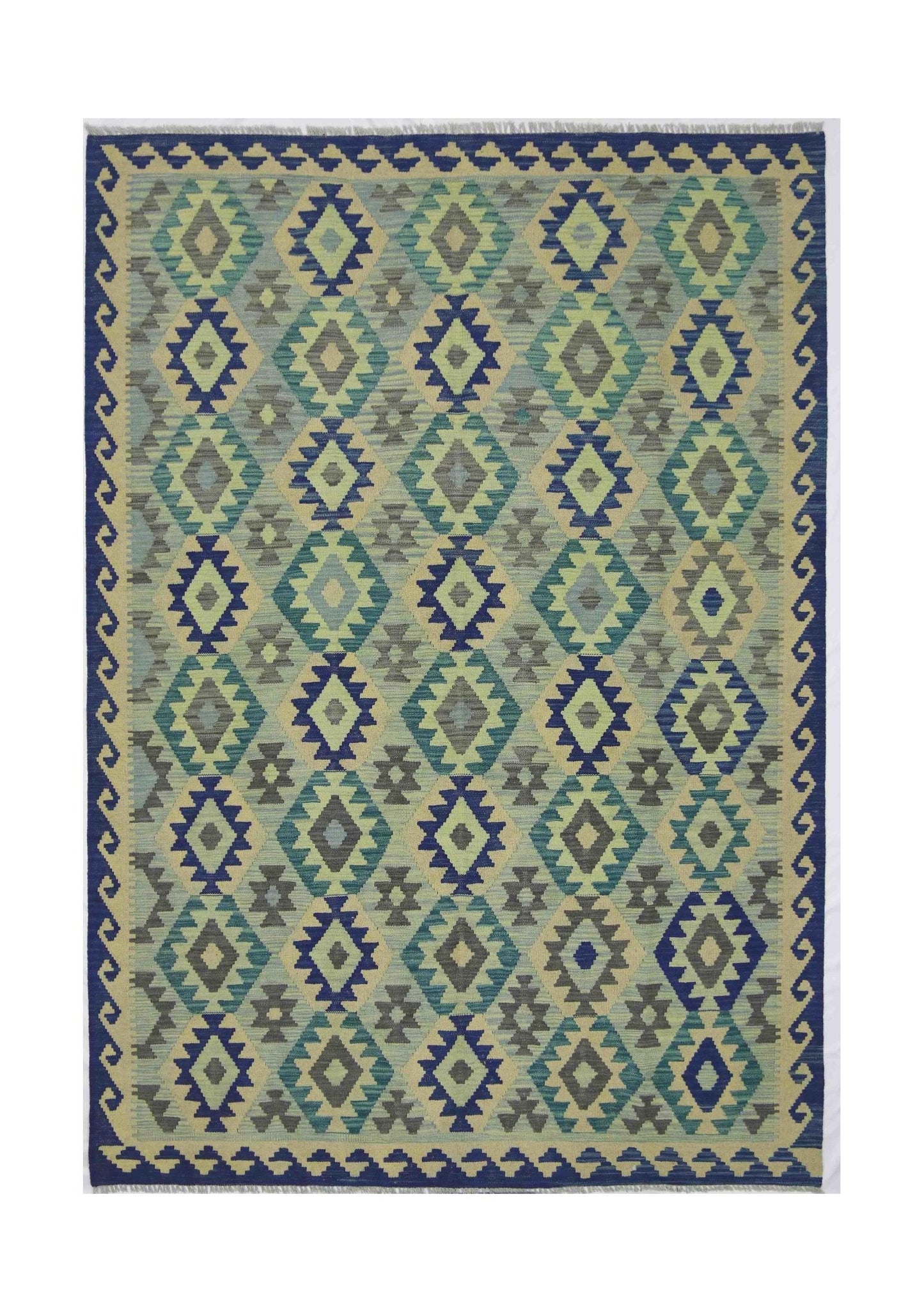 Handmade Afghan Maimana kilim rug featuring a geometric diamond pattern in blue, green, and grey.